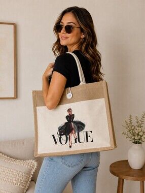 Custom Canvas Tote Bag, Large Size - Vogue Fashion Theme,  Cream Tote